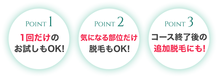 POINT1 1回だけのお試しもOK！／POINT2 気になる部位だけ脱毛もOK！／POINT3 コース終了後の追加脱毛にも！